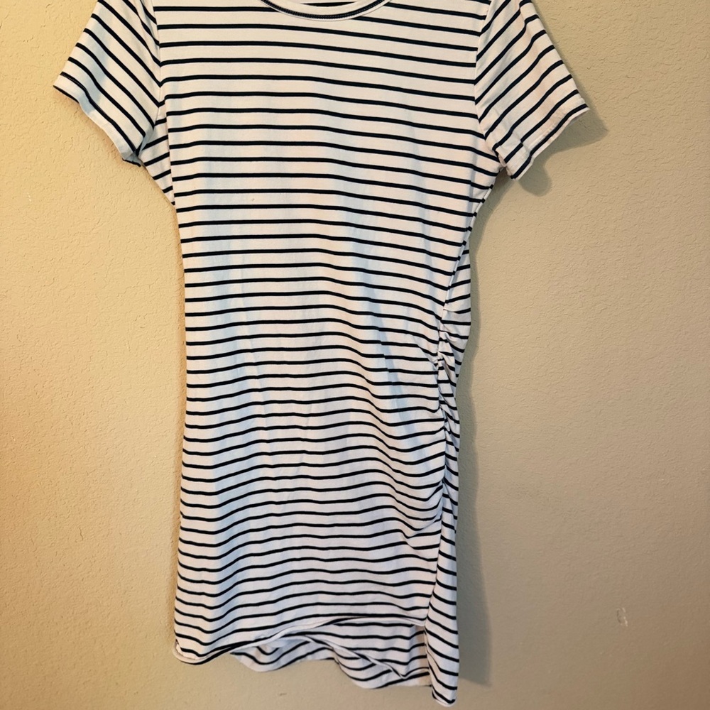 Classic navy blue and White Striped Dress, mid thigh with cute slanted slit